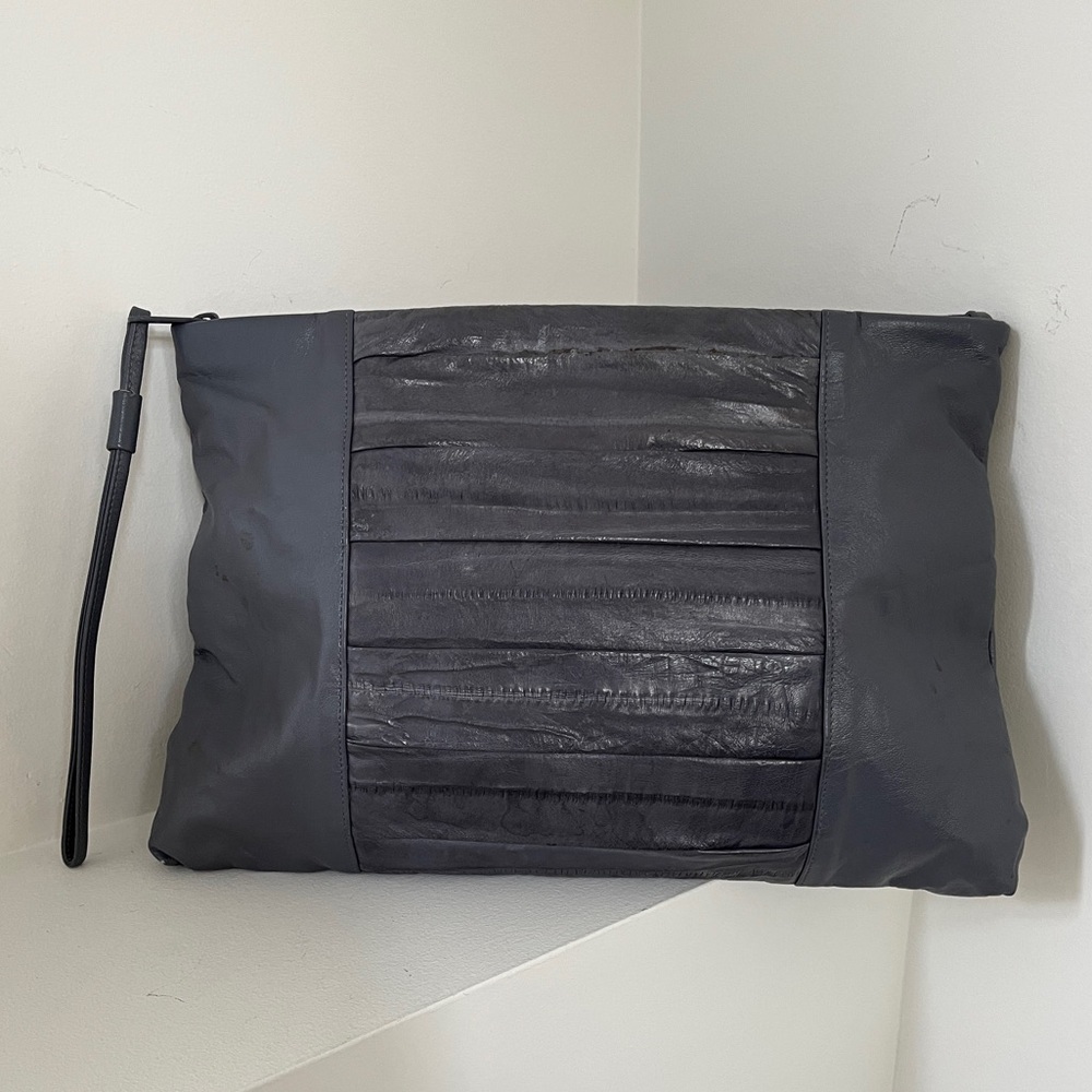 VINTAGE Valdez Designs Large Grey Eel Skin Clutch Bag Zip Top Boho Event 80's